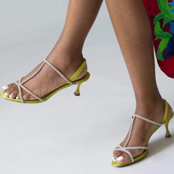 Manolo Blahnik Lucecry Satin Green Yellow Crystal Strappy High Heel Sandals 38 - Picture 3 of 14